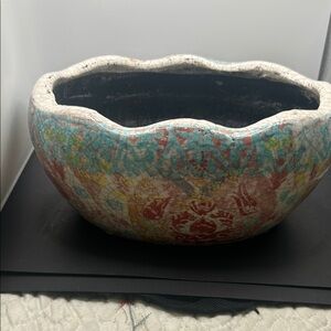 Anthropologie Crackle Glazed Ceramic Planter in Turquoise, Red & Yellow